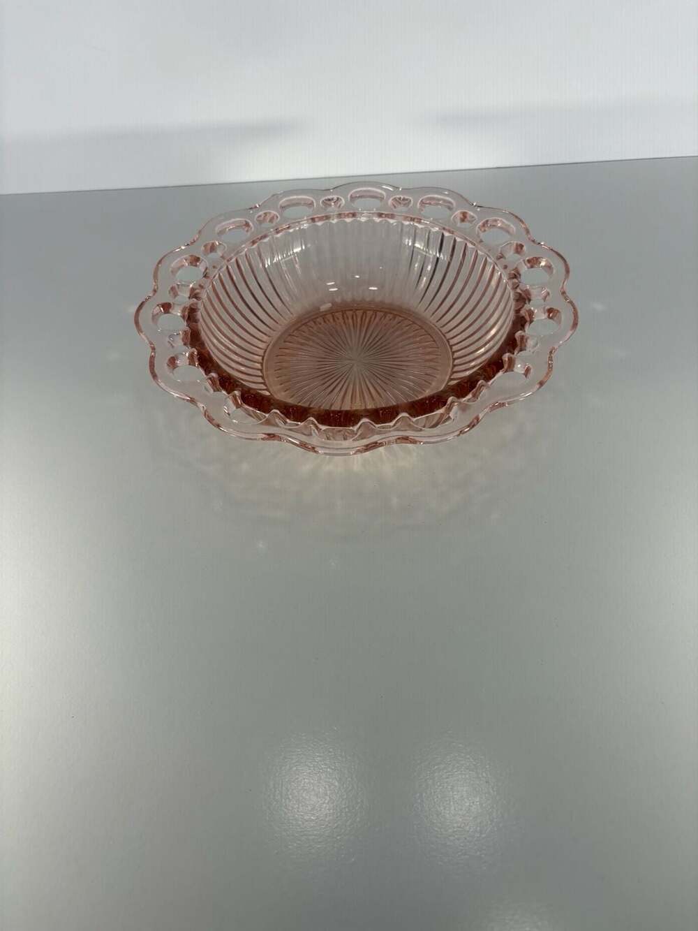 Anchor Hocking Old Colony Pink Depression Glass Ribbed Open Lace Edge Bowl